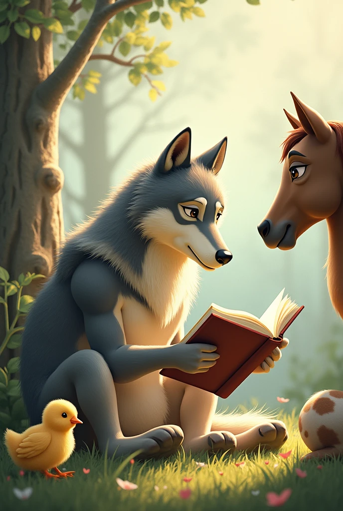 Create an image where a wolf is reading and a chick and a horse and a dog are paying attention to him while the wolf is reading Horizontal image 