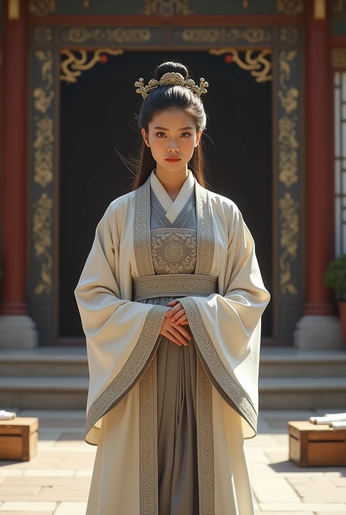 A beautiful young woman with a fierce expression in a dark white dress of a Han Fu dynasty official stood in front of the gate of the mansion in the courtyard in front of the mansion's entrance, looking at two wooden boxes, rolls of cloth, and cloth rolls that people were waiting to give to her. The garden atmosphere was decorated with luxurious patterns in the era of the great dynasty.