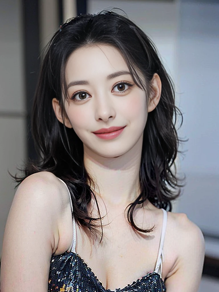 a Close-up portrait of young gorgeous smiling cute Japanese woman in a glamorous laced dress outfit, 21yo, delicate facial features, porcelain-skinned, realistic photo, real human texture skinned, bangs, a fusion of young Marion Cotillard's striking eyes and young Anne Hathaway's introspective gaze, long and slender cute face, curved eyebrows, droopy hooded eyes, lowest nasal bridge, slimmed wavy nose, smiling, thin lips, silhouette, bokeh, morning light window, depth of field, photo, film,