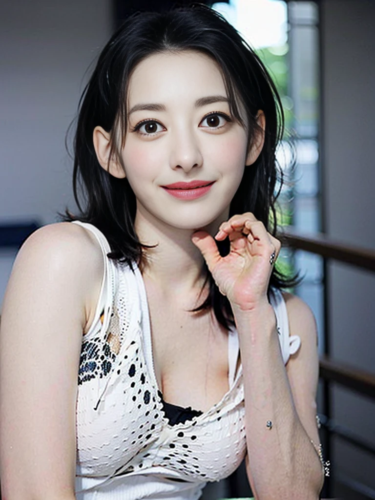 a Close-up portrait of young gorgeous smiling cute Japanese woman in a glamorous laced dress outfit, 21yo, delicate facial features, porcelain-skinned, realistic photo, real human texture skinned, bangs, a fusion of young Marion Cotillard's striking eyes and young Anne Hathaway's introspective gaze, long and slender cute face, curved eyebrows, droopy hooded eyes, lowest nasal bridge, slimmed wavy nose, smiling, thin lips, silhouette, bokeh, morning light window, depth of field, photo, film,