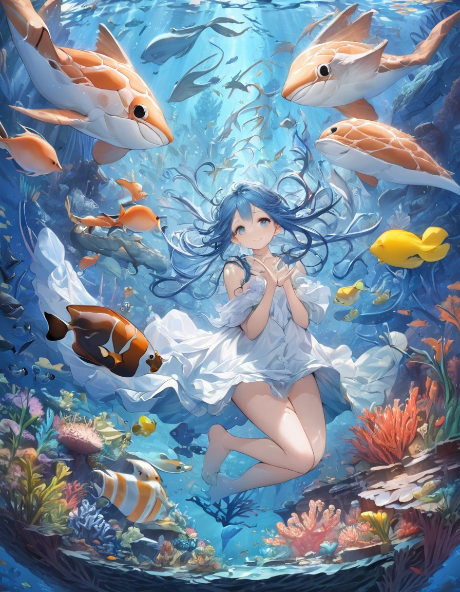Highest quality、masterpiece、Very detailed、Finely detailed、High resolution、8k wallpaper、Fine and beautiful eyes、 girl with blue hair、Exact number of fingers、A myriad of marine life in the background、Mysterious underwater、A gentle smile、whole body、Feeling like you're floating gracefully through the water、Riding a big whale、Fantasy、Countless firefly-like lights are flying