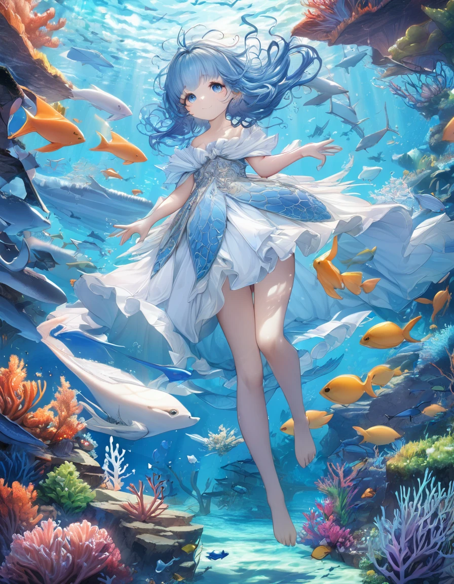 Highest quality、masterpiece、Very detailed、Finely detailed、High resolution、8k wallpaper、Fine and beautiful eyes、 girl with blue hair、Exact number of fingers、A myriad of marine life in the background、Mysterious underwater、A gentle smile、whole body、Feeling like you're floating gracefully through the water、Riding a big whale、Fantasy、Countless firefly-like lights are flying