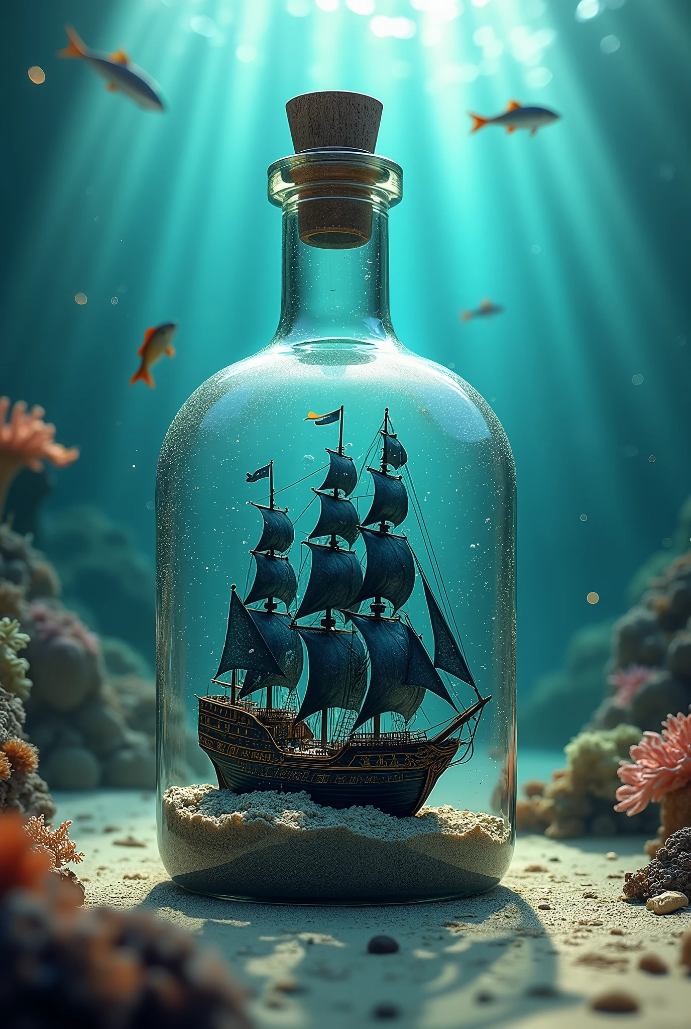 Masterpiece, Ultra-Detailed, High Definition, HDR, Cinematic Lighting, Surreal Fantasy Scene. A majestic black pearl ship, intricately detailed with sails unfurled, captured inside a glass bottle. The bottle rests on the sandy ocean floor, surrounded by coral reefs, colorful marine life, and gentle currents. Ethereal beams of light penetrate the surface of the water, casting a mystical glow over the scene. The ocean depths behind the bottle are filled with vibrant shades of blue and green, with schools of fish swimming gracefully. The glass of the bottle reflects the surrounding underwater environment, with tiny bubbles rising around it. The entire scene exudes a dreamlike quality, blending the mystique of the deep sea with the fantasy of a ship in a bottle, illuminated by the soft, surreal light filtering through the water.