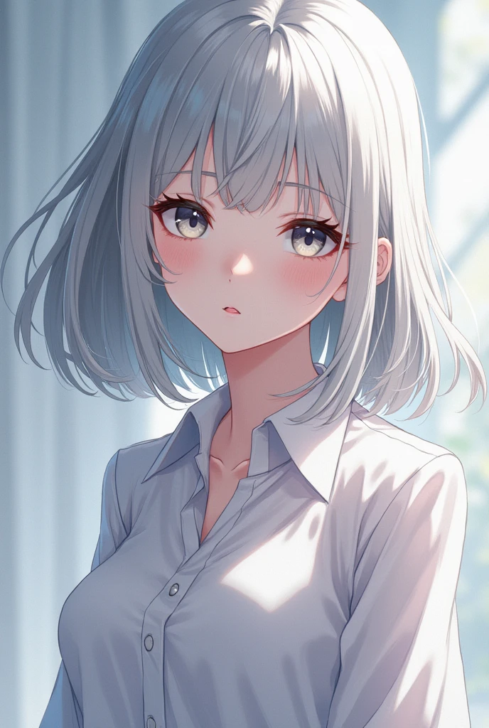 Anime female characters, long silver hair, ash gray eyes, shoulder length hair, wear a shirt