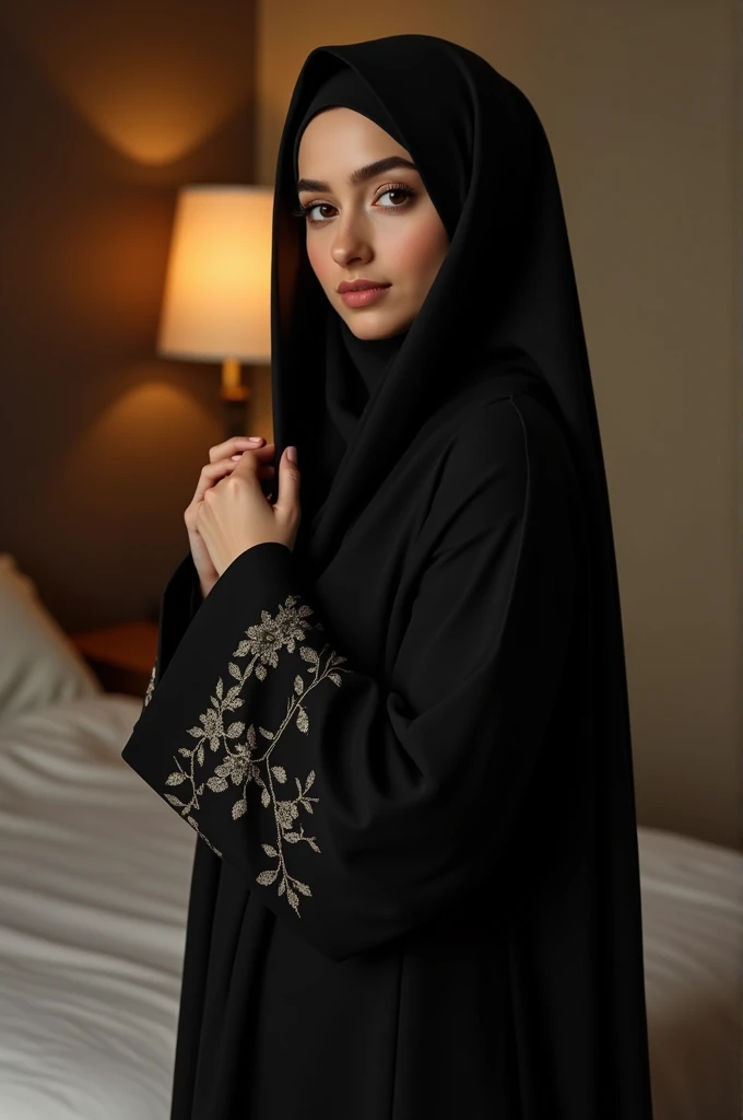 "A Muslim girl wearing a black hijab and abaya, standing in a room. The abaya has intricate embroidery on the sleeves. The girl has a curvy figure, particularly with noticeable hips, and she is adjusting her hijab. The setting includes a bed with white linens in the background, and the room has a warm, soft lighting."