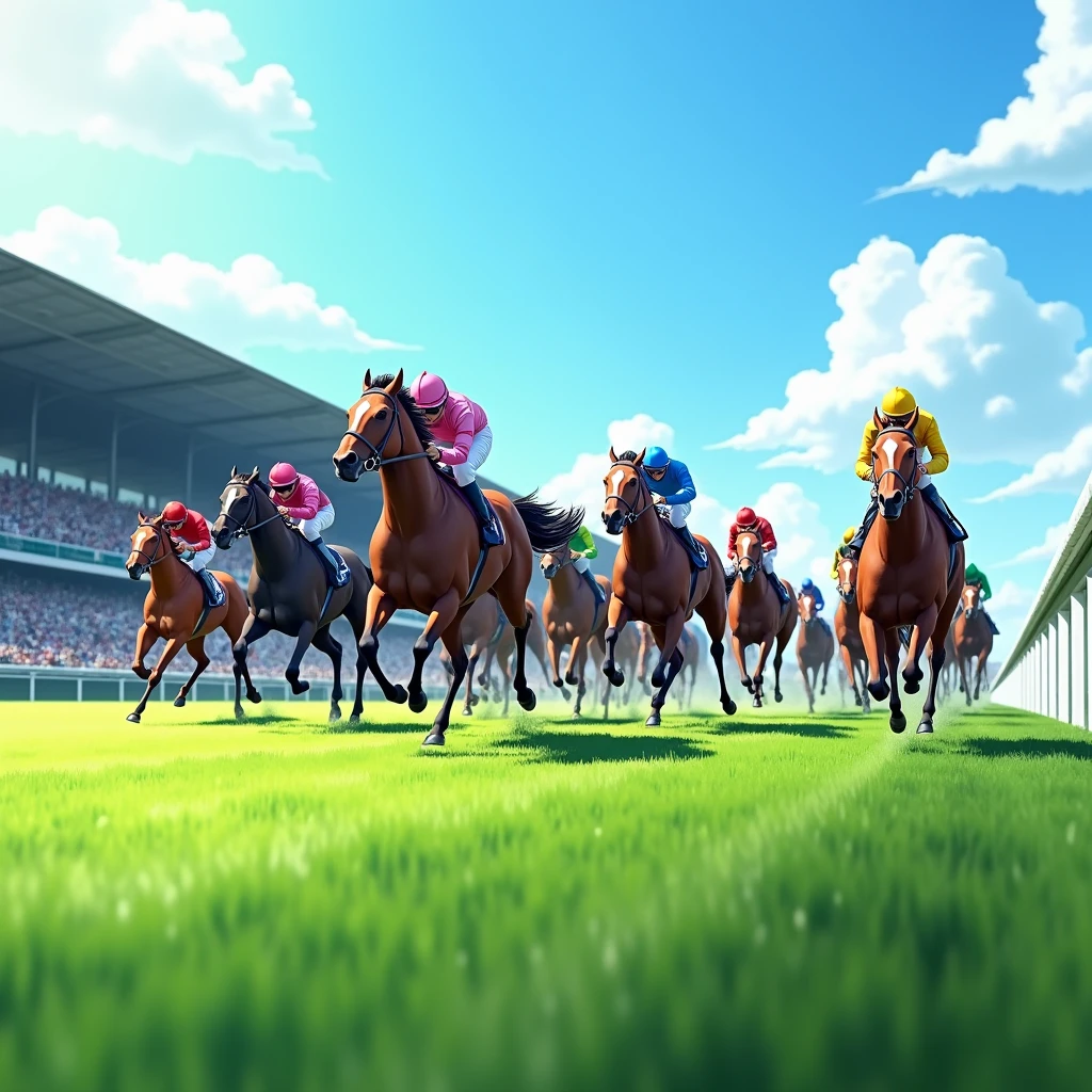 Tokyo Racecourse,Sunny,blue sky,12 horses in the race,The goal scene,Turf,A lot of people are watching,A lot of people,Image from the auditorium,Running through the finish line,1 2 3 moves,Screen from the side,(Close-up),Detailed Images,,(Highest quality,High resolution,Masterpiece,8K,16K),Detailed digital art,