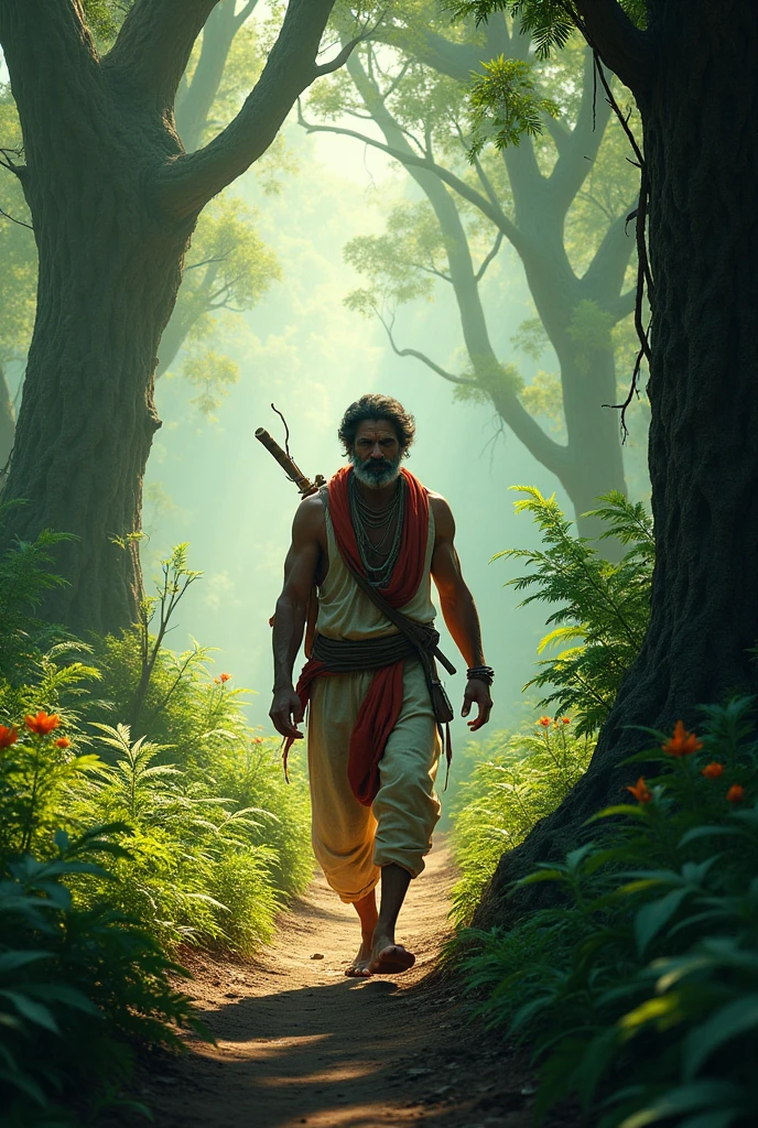 एक पुरुष जो जंगल की और जाते हुए भारतीय वातावरण