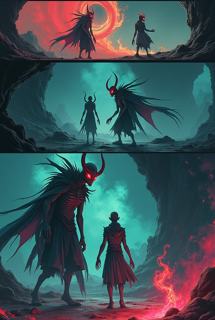 Manhwa comic page with multiple scenes, capturing the character&#39;s evolution and the atmosphere of each moment, fantasy demons. Tall, thin, 2 Appearance: tall and slim, but surprisingly strong, has his head shaved, without even a strand of hair.enhances your intense red eyes