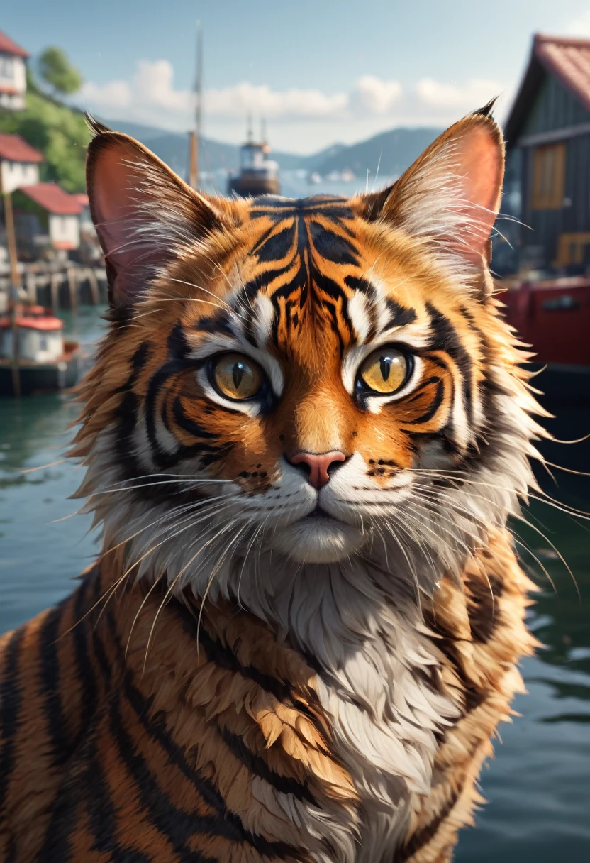 a realistic tiger-patterned cat with a defiant expression, 2 tortoiseshell cat subordinates nearby, afternoon port scene, old fisherman in the background, (best quality,4k,8k,highres,masterpiece:1.2),ultra-detailed,(realistic,photorealistic,photo-realistic:1.37),anime style,intricate details,dramatic lighting,vibrant colors,finely rendered fur textures,cinematic composition,depth of field,moody atmosphere,muted tones,beautiful scenery
