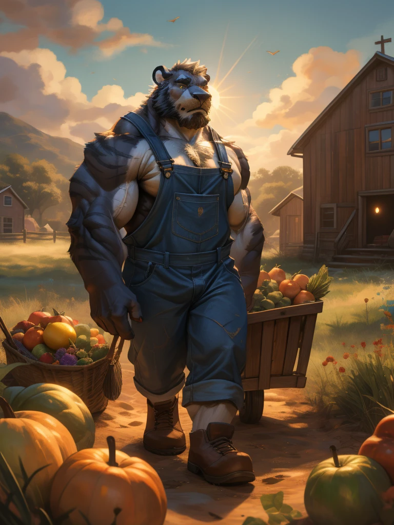 (best quality,4k,8k,highres,masterpiece:1.2),ultra-detailed,(realistic,photorealistic,photo-realistic:1.37),massive muscular, hyper muscular, bodybuilder, pectoal, thick arms, hyperc pec, huge muscular furry bull,old,white bearded,working as farmer,fruits,old man,illustration,textured painting,dramatic lighting,vibrant colors,farm landscape,weathered skin,wrinkles,leather overalls,baskets of fresh fruits,green fields,farmhouse in the background,bushy eyebrows,strong arms,weathered hands,haystacks,cart packed with vegetables,fertile soil,hardworking expression,crows flying in the sky,lush vegetation,scenic countryside,sun-kissed,grizzled hair,cracked ground,bountiful harvest.