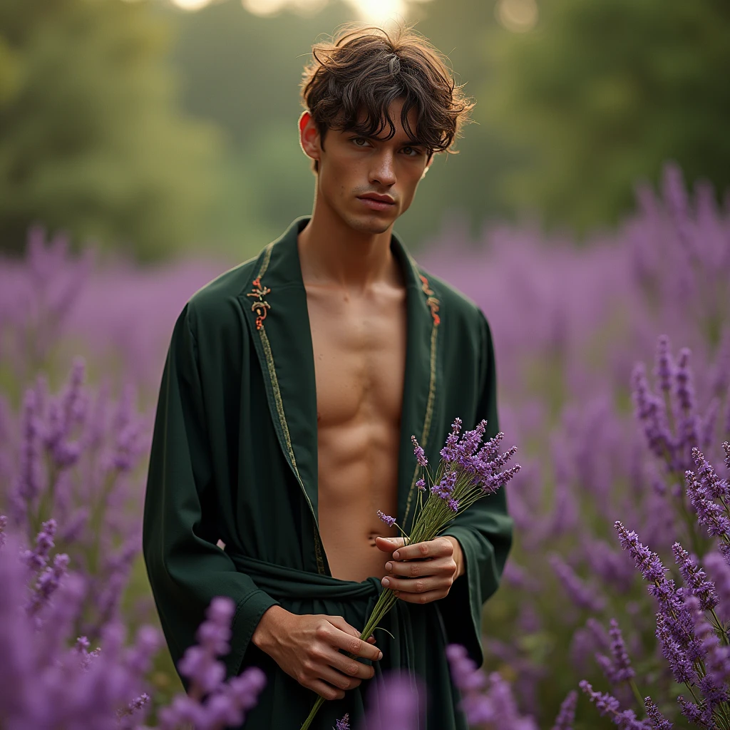 Envision a photograph of a male model standing in a field of lush purple flowers, inspired by the soft, poetic aesthetic of photographers like Bruce Weber or Herb Ritts, who often captured the intersection of nature and human form with a sensual, dreamlike quality. slender and lean, toned build with a light dusting of chest hair, evoking a natural and earthy appeal. He holds a small cluster of a flowers, creating an air of mystery and intimacy while also harmonizing with the surrounding floral environment.
The model stands upright in a slightly relaxed posture, his torso subtly angled to the camera, allowing the light to highlight the natural contours of his physique. His expression is serene and reflective, contributing to the tranquil atmosphere of the image. He wears only dark green embroidery robe, further emphasizing his connection to nature and the rawness of the moment.
The composition uses a medium framing, keeping the model’s upper body in focus while the background is rich with softly blurred greenery and wildflowers. The lighting is natural, with soft daylight illuminating the scene, creating warm tones on the model’s skin while enhancing the purples and greens in the environment. This gives the image a calm, almost surreal atmosphere, with the light and colors playing off each other harmoniously.
The camera is positioned at eye level, allowing the viewer to connect directly with the model, while a 50mm or 85mm prime lens would capture this scene beautifully, keeping the depth of field shallow to subtly blur the background while maintaining the sharpness of the model and the flowers he holds. This framing highlights the delicate balance between the rugged masculinity of the model and the softness of nature around him, drawing inspiration from classic fashion and fine art photography, where themes of nature, sensuality, and human connection intertwine seamlessly. The photograph could evoke a sense of peaceful contemplation,