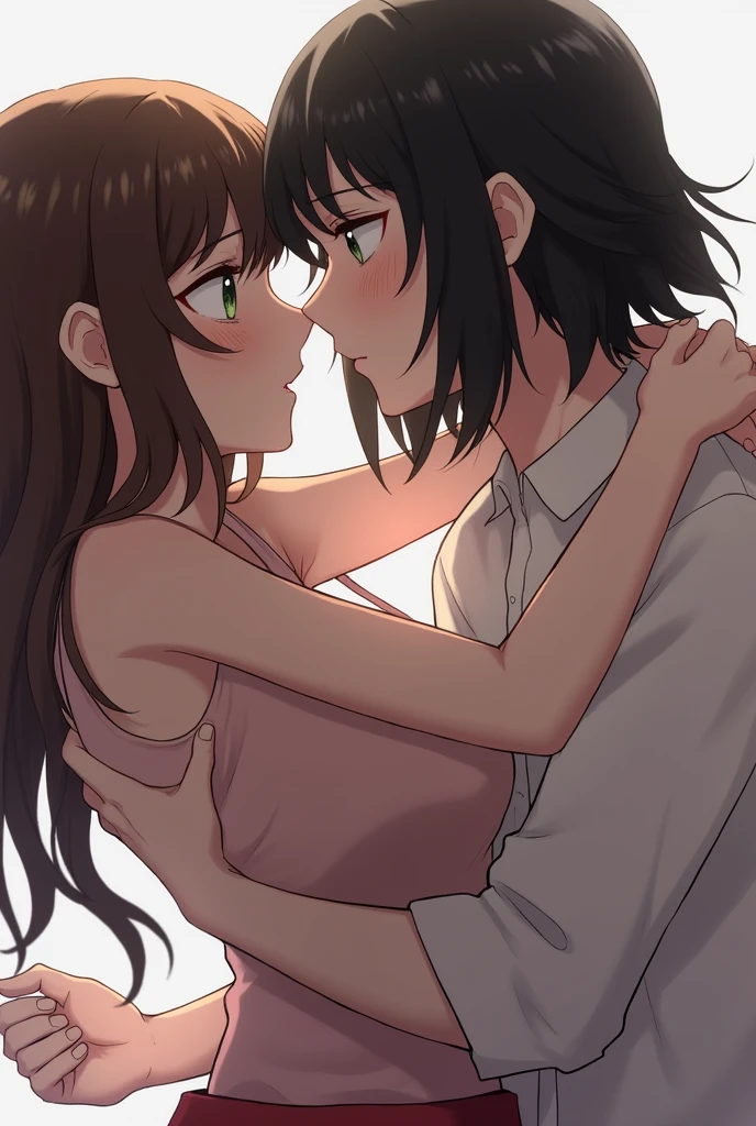  girl, a little brunette, black slanted eyes, medium-short black hair, somewhat wavy, dominant, kissing a , white, almond-shaped green eyes, somewhat long brown hair