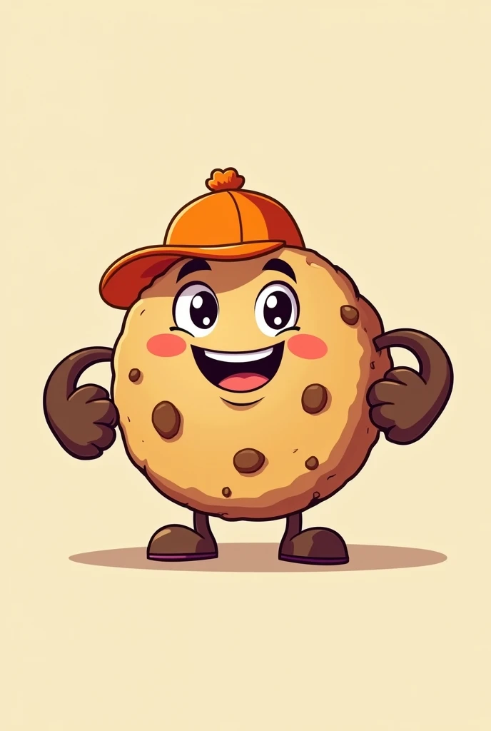 happy cookie drawn with strong arms and an orange hat
