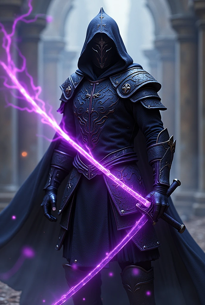 a swordsman with black armor with purple lightning effect and with a black katana with purple lightning
