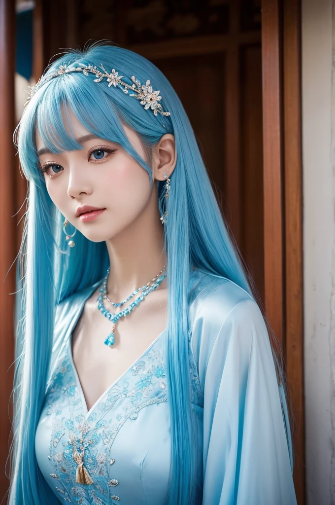 Light blue hair, beautiful woman, long hair, Chinese dress, hair accessory, necklace