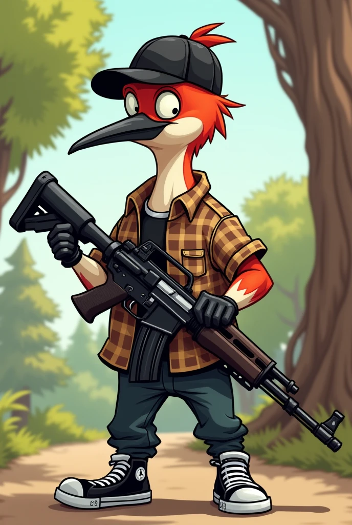 You can believe the character the woodpecker wearing a brown plaid shirt,a black pants,black tennis shoes, a black cap and an ak-47 in one hand, but do it in cartoon style