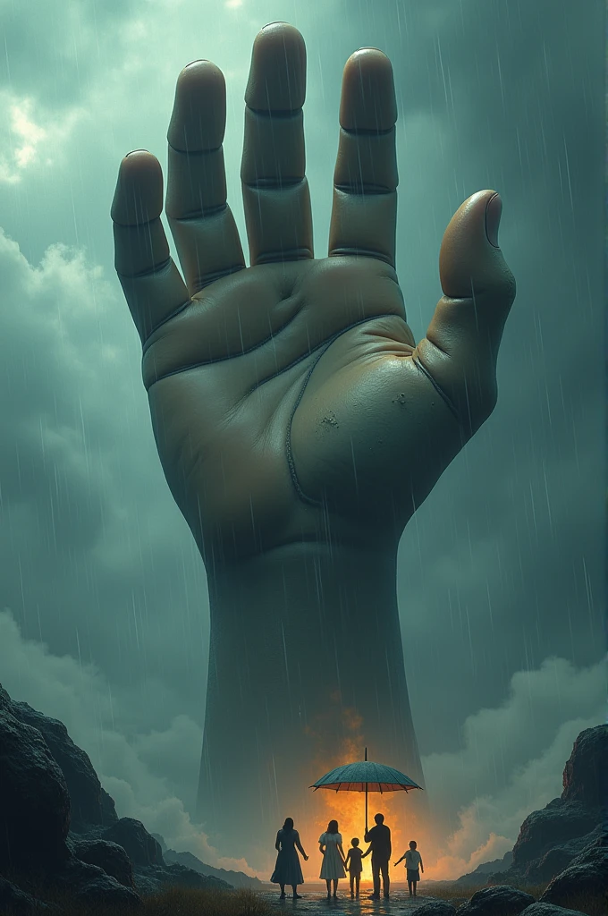 A giant hand holding an umbrella shielding a family from storm 