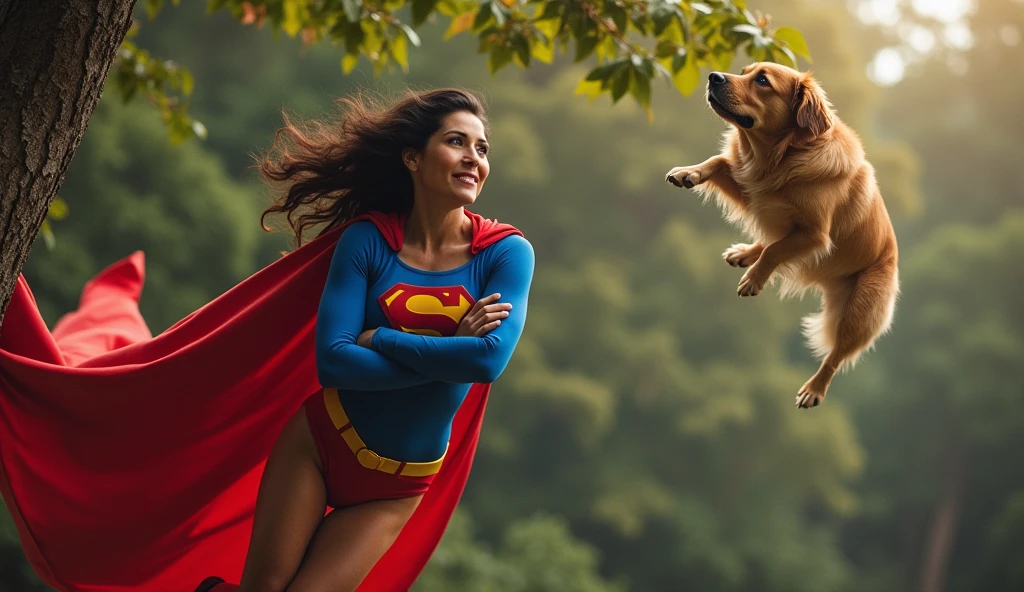 broad vision; (((very beautiful old Supergirl (((1980s Superman costume))) Julie Hagerty(((dark-haired, large-breasted woman in her 50s)))) confident, powerful, indestructible, attractive; big and firm chest; strong breasts; arms crossed, flutuando no ar, salvando um cachorro de uma arvore; arms of a strong woman. HD. Photograph, ((realism)), extremely high quality RAW photograph, ultra detailed photograph, sharp focus, high resolution, (detailed skin:1,3),high quality, film grain, Fujifilm XT3,Highly Detailed, movie, (Cinematic Photo:1.3) of (Realistic:1.3), by John Byrne