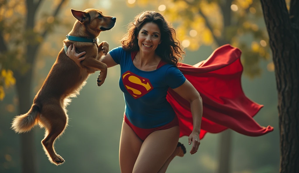 broad vision; (((very beautiful old Supergirl (((1980s Superman costume))) Julie Hagerty(((dark-haired, large-breasted woman in her 50s))))  confident, powerful, indestructible, attractive; big and firm chest; strong breasts; arms crossed, flutuando no ar, salvando um cachorro de uma arvore; arms of a strong woman. HD. Photograph, ((realism)), extremely high quality RAW photograph, ultra detailed photograph, sharp focus, high resolution, (detailed skin:1,3),high quality, film grain, Fujifilm XT3,Highly Detailed, movie, (Cinematic Photo:1.3) of (Realistic:1.3), by John Byrne