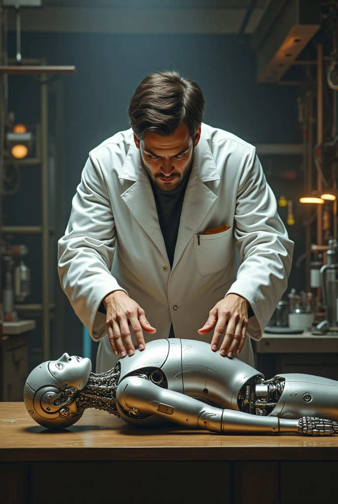 A reinterpretation of the painting The Creation of Man, where the figure of God is a scientist, and the figure of the man is a robot