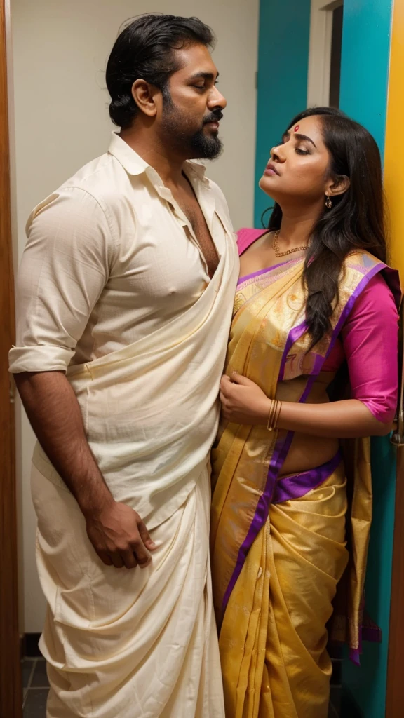 a  50-year-old shirtless man  affectionately hugging and kissing aradiant, full-figured South Indian plus-sized 30 year old teacher wearing a cream silky saree in  dressing room, captured in a full-body image with vibrant hues and meticulous details. Full body image