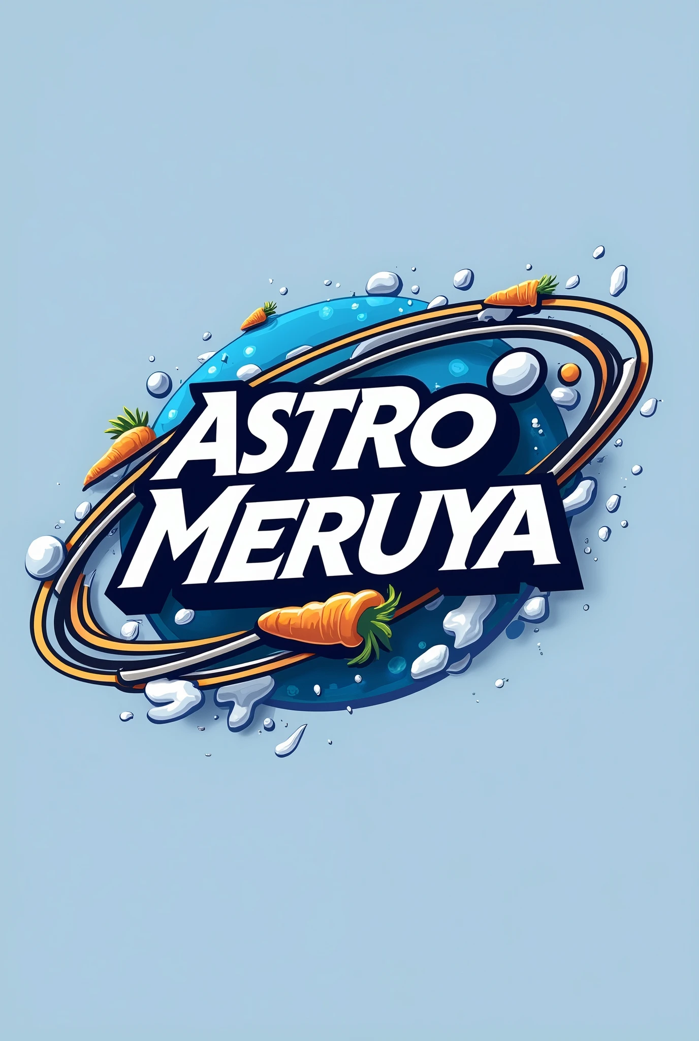 "Design a modern and dynamic team logo for a team named 'Astro Meruya'. The logo should feature a space theme, with a bold and futuristic design. Include elements like a milk, vegetables, carrot, or stumps subtly integrated into the design. The color scheme should be a mix of light blue, silver, and white to convey power and agility. The team name 'Astro Meruya' should be prominently displayed in a stylish, sporty font. The overall look should be sharp, professional, and suitable for a hoodie and merchandise."