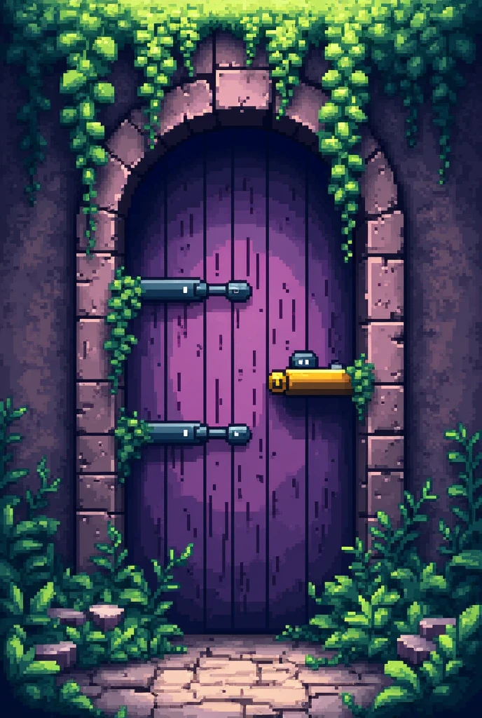 Generates a purple wall with traces of antiquity and vegetation, In the middle there is only a yellow lever with vegetation obstructing it.. All this with a video game-like pixelated style similar to the visual style of Undertale.