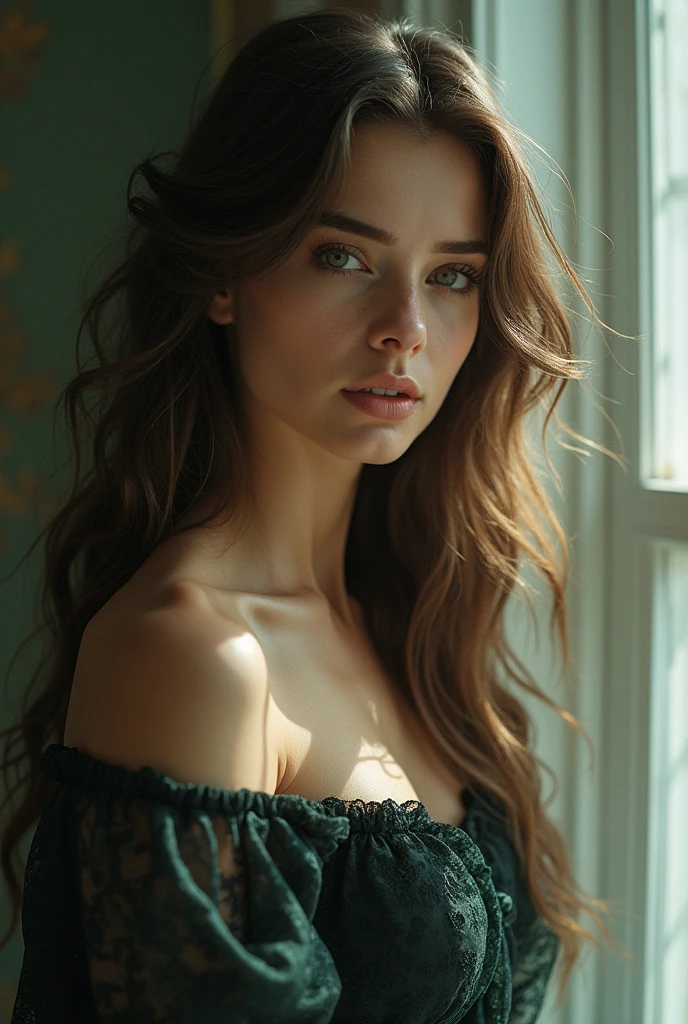 Detailed and realistic portrait of a woman with freckles, Round green eyes, long smooth hair, Shot from the outside, naked body, beautiful big breasts, skin texture, full-body-shot, Chapped Lips, soft natural lighting, portrait photography, 85 mm lens, magical photography, dramatic  lighting, photo realism, Ultra-detailed, intimate portrait composition, CineStill 800T, ((((cienatic look)))), Soothing tones, Contour illumination,