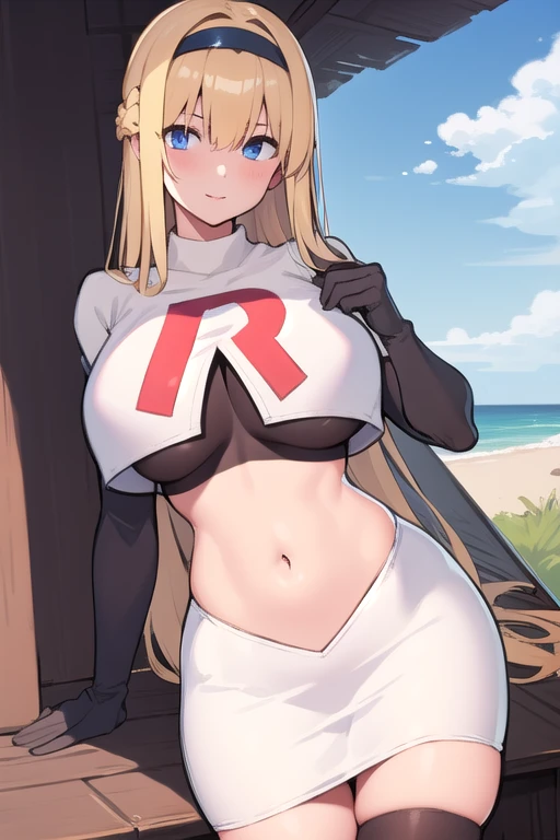 masterpiece, best quality,simple eyes,outdoors,1girl,north carolina,bangs, blonde_hair, blue_eyes,large breasts, eyebrows_visible_through_hair, hairband, long_hair, long_sleeves, looking_at_viewer, team rocket,team rocket uniform,white skirt,red letter R,crop top,black thigh-highs,black elbow gloves