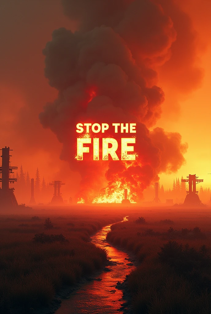 Image with a cyberpunk prairie on fire and the name Stop the fire in the center, fire color palette