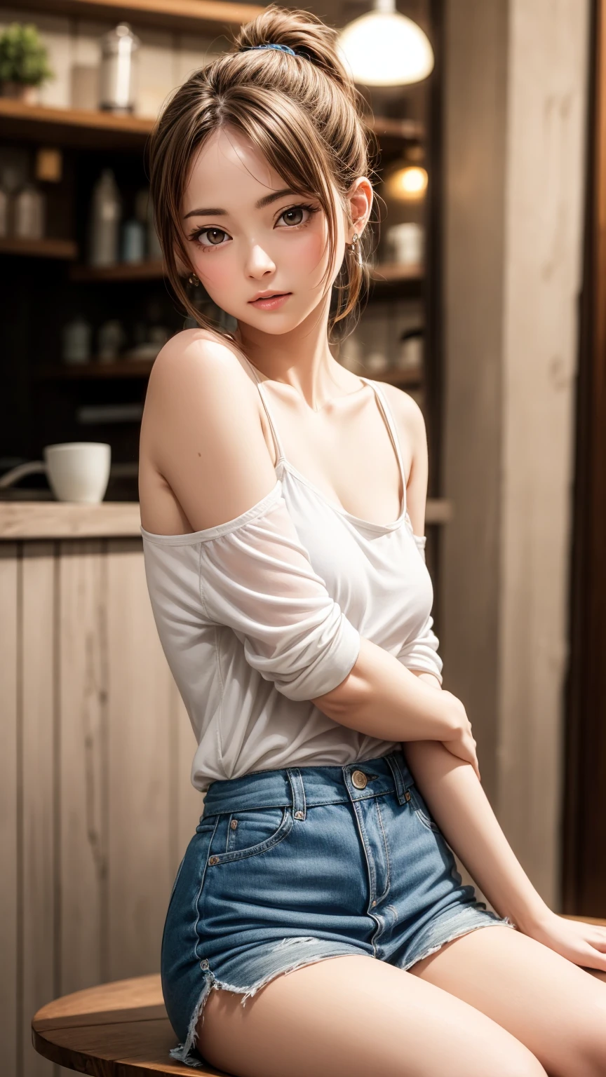 8K quality、High resolution、Realistic skin texture、High resolutionの瞳、Man sitting、Female cafe owner being hugged by man、Brown long hair、、Ring piercing of the earlobe、A neat camisole、Dignified face、thin、Model body type、Ripe body、Neat 30 year old woman、Off the shoulder、Shoot in the back、Up ponytail、