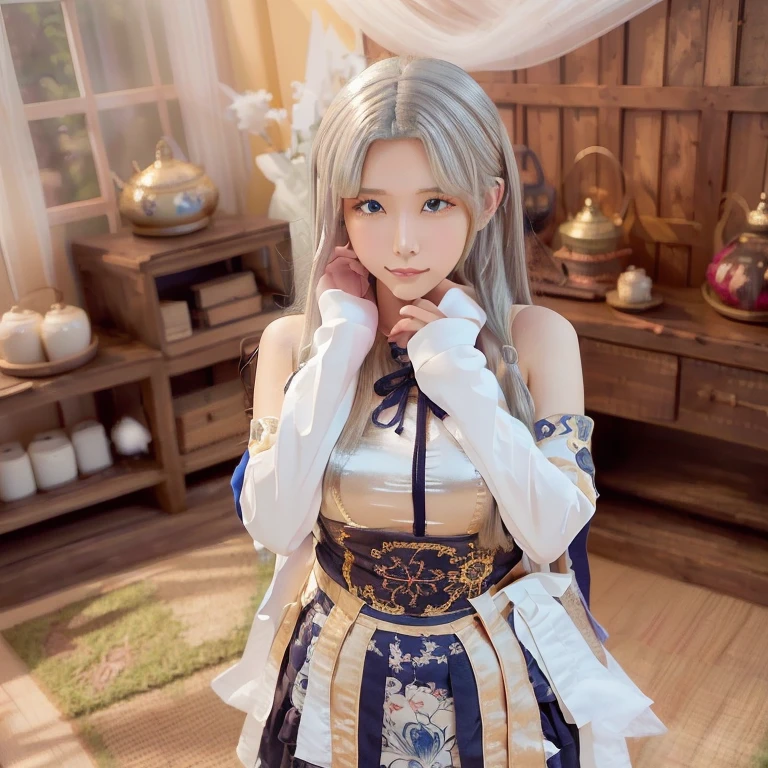 detailed face, cute face, ((masterpiece)), (Highest quality))), (Character design sheet, National costume, same characters, front, ~ side, return), figure, 1 girl, whole body, Silver Hair, eyes hair, Beautiful Eyes, Princess Cut, Environmental change scene, Short skirt, Shyness, woman, girl, Are standing, Gothic Lolita, VTuber, Chartern Betarola, (simple returnground, white returnground: 1.3) ( masterpiece:1.2), (Highest quality:1.3)
