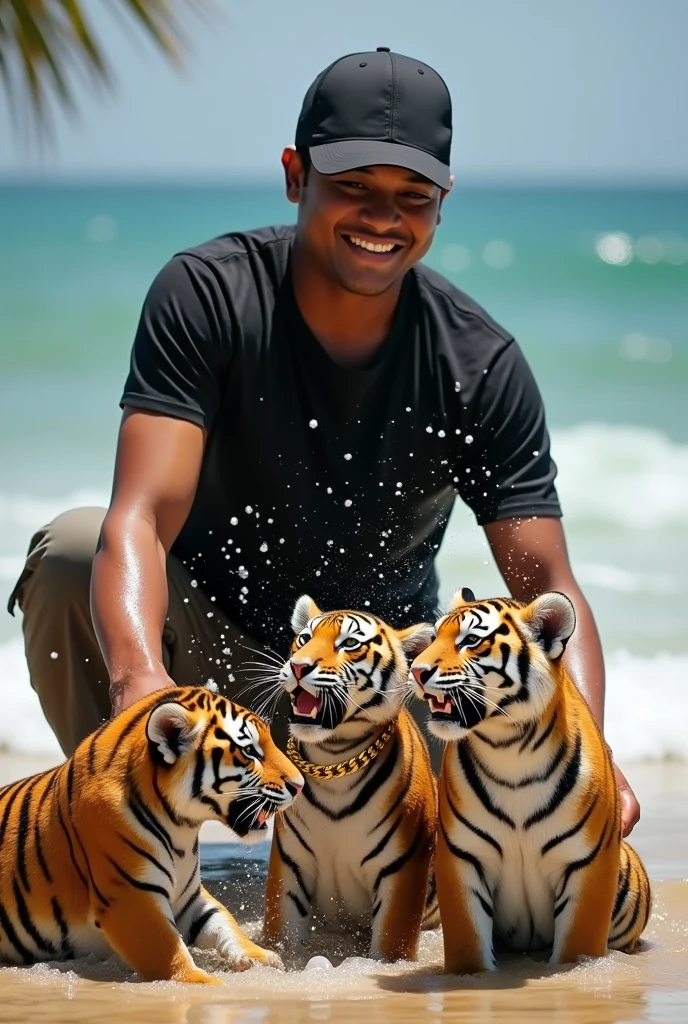 An indonesian man in black t-shirt and cargo pant, enjoying bathing 4 tiger cubs in the summer. Wear a black baseball hat, he splash water on Tiger cube head and look very happy and smiling happily. All Tiger cubs wears a gold chain. on the beach. Daylight