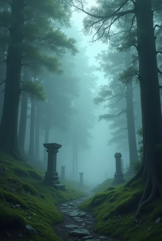 Deep forest shrouded in thick fog。wood々A little light shines through、Illuminating the pathless。There is green moss on the ground、Here and there, mysterious old stone statues stand silently.。風が静かにwood々Rocking、I can hear the faint sound of a bell coming from somewhere.。There's a mysterious power、A mysterious world of silence