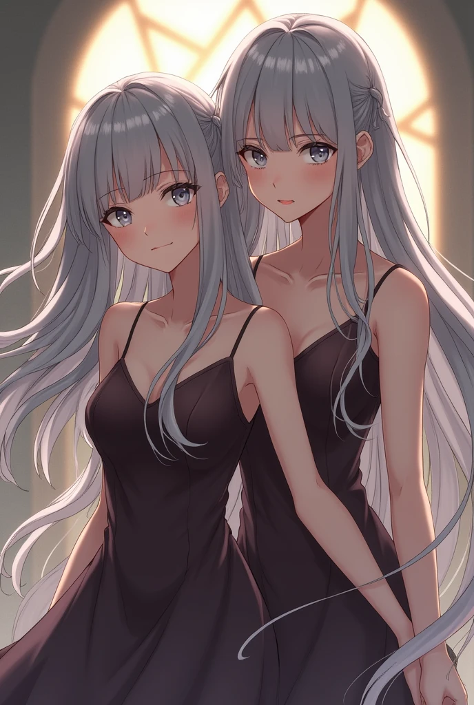 Anime female characters, long hair màu bạc, ash gray eyes, shoulder length hair, wear a shirt, long hair, wear dark brown dress