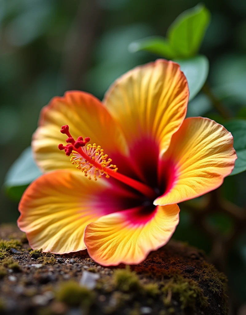 a close-up of a yellow-reddish hibiscus flower on the ground