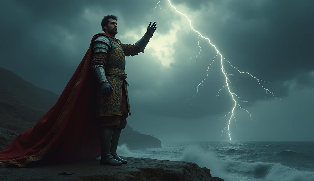 A dramatic and cinematic scene inspired by Edmund Blair Leighton, capturing Edward III of England standing on a cliff overlooking the Channel. He raises his hand or sword in a powerful gesture of claiming his right to the French throne. The sky is a tumultuous mix of dark storm clouds and fleeting shafts of light, reflecting the tension and gravity of his claim. The turbulent sea below contrasts with the distant, shadowy outline of the French coast, shrouded in mist and mystery. Edward, clad in richly detailed armor with intricate patterns and a regal red and gold mantle, stands resolute against the darkening sky. His expression is one of fierce determination and rightful ambition. The scene is illuminated by the occasional flash of lightning, casting dramatic highlights and deep shadows that accentuate the somber mood and the epic scale of his endeavor., Surrealism, Hyperrealism, UHD, retina, masterpiece, accurate, anatomically correct, textured skin, super detail, 16k