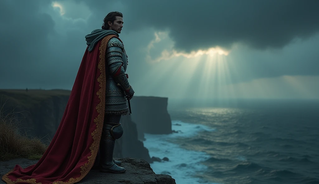 A dramatic and cinematic scene inspired by Edmund Blair Leighton, capturing Edward III of England standing on a cliff overlooking the Channel. He raises his hand or sword in a powerful gesture of claiming his right to the French throne. The sky is a tumultuous mix of dark storm clouds and fleeting shafts of light, reflecting the tension and gravity of his claim. The turbulent sea below contrasts with the distant, shadowy outline of the French coast, shrouded in mist and mystery. Edward, clad in richly detailed armor with intricate patterns and a regal red and gold mantle, stands resolute against the darkening sky. His expression is one of fierce determination and rightful ambition. The scene is illuminated by the occasional flash of lightning, casting dramatic highlights and deep shadows that accentuate the somber mood and the epic scale of his endeavor., Surrealism, Hyperrealism, UHD, retina, masterpiece, accurate, anatomically correct, textured skin, super detail, 16k