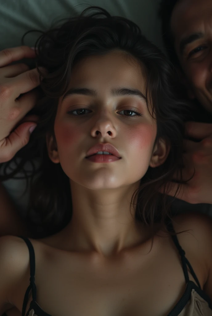 A beautiful and slim young girl, about twenty years old, being raped until unconscious by several adult men, realistic, detailed and natural, they are all Indonesian people,
