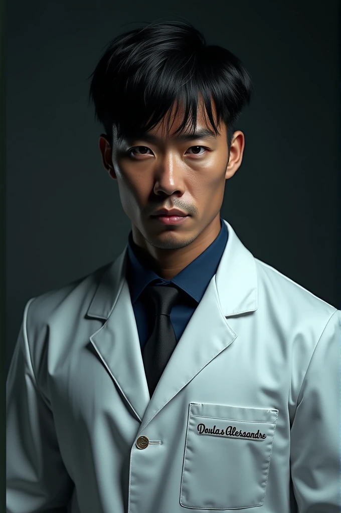 A tall, dark man with very black, straight hair and bangs, with a medical coat and the name on the coat Douglas alexsandre