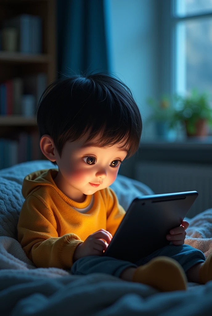 Child studying from his tablet thanks to the submarine cables that give him internet