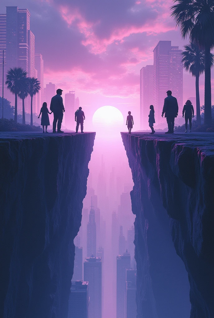 A huge crack appeared in the center of reality,A parallel world emerges from the cracks,The parallel world has obvious differences,For example, the sky is purple,Buildings are transparent,People wearing futuristic clothing。The inhabitants of the two worlds curiously observe each other on the edge of the rift,Exploring unknown possibilities。Professional photos, best quality,Ultra HD,masterpiece, detailed。