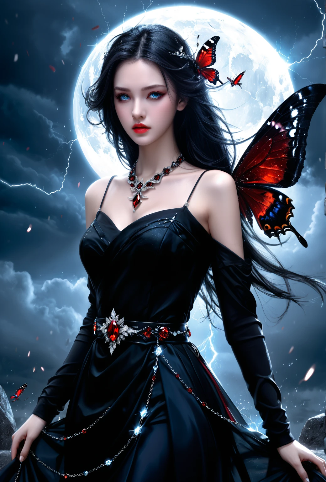 (Extreme HDR) (brightness FX) Photo of an asian woman gigantic Breast 'white skin' with long hair flowing in the wind, wearing a black batik patterned costume, a V-cut strapless corset style batik dress made of carbon patterned satin, a very narrow and stiff V-cut waist decorated with blue jewels, a luxurious long skirt, looks beautiful and stunning, very realistic and detailed, with a royal palace in the background, sitting on a boat, behind it is a blue moon. hyper realistic, hyper detail clothing, Detailed gemstones, masterpiece, best quality:1.2),,(8k,highres,RAW photo,realistic,photo-realistic:1.3),(detailed skin texture,detailed cloth texture, beautiful detailed face:1.25),professional lighting,photon mapping,beautiful soft light,radiosity,physically-based rendering,raytracing, model shoot style, model shoot style, (extremely detailed CG unity 8k wallpaper), full shot body photo of the most beautiful artwork in the world (NSFW), (Nude), (Naked), (carbon fiber corset) (green veiny breast) (steampunk corset) (glowing dress) (blue moon) (cloud)