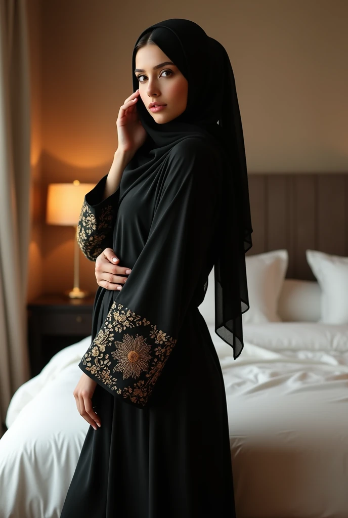 "A Muslim girl wearing a black hijab and abaya, standing in a room. The abaya has intricate embroidery on the sleeves. The girl has a curvy figure, particularly with noticeable hips, and she is adjusting her hijab. The setting includes a bed with white linens in the background, and the room has a warm, soft lighting."she have curved big butt.