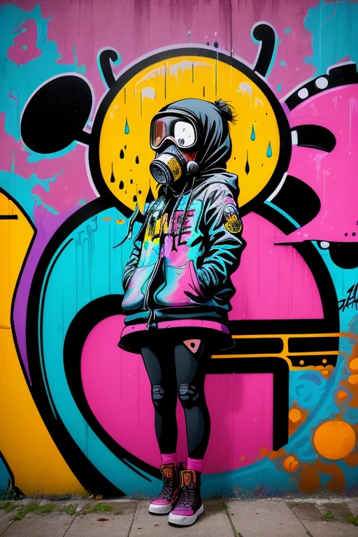 {Artistic digital painting} A graffiti comic in the style of Banksy and street art. The composition features a girl in a gas mask standing near a dripping bold outlined thought bubble that says "Hope". She is surrounded by colorful stylized bubble letters and characters. The background is a grungy concrete wall with peeling paint and graffiti tags. The style combines photorealism with thick bold outlines, vibrant fantasy colors, and dynamic energy,1500px x 500px.