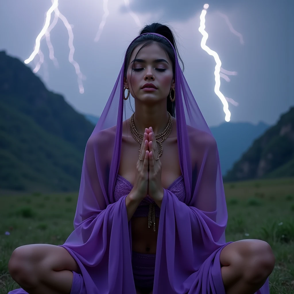 1 nubile Miss Venezuela goddess is praying, also covered by a purple gossamer body veil while wearing a Jezebel in the bible harem bikini regalia and extreme squatting, 3:4 full frontal body portrait, ((merge and use young faces of Alice Eve and Rila Fukushima into best 50/50 blend)), (eyes wide open, wide open eyes, blank stare, best detailed face, best lifelike face, best lifelike nose and eyes), Grecian upstyle hairstyle with high standing ponytail, pucker lips, pale snowy colored skin, huge hoop earrings, bodacious, playboy playmate archetype, perfect bikini body, (((massive breasts))), sweaty, show cameltoe, show underboobs, mindless facial expression, deeply hypnotized facial expression, deeply entranced facial expression, ((primeval backdrop with Intense lightning strikes and severe thunderstorms towering over misty mountains)), (RAW Photo, 12K, best quality, best masterpiece, hires, best realism, best photorealism, vivid colors and natural outdoor lighting)