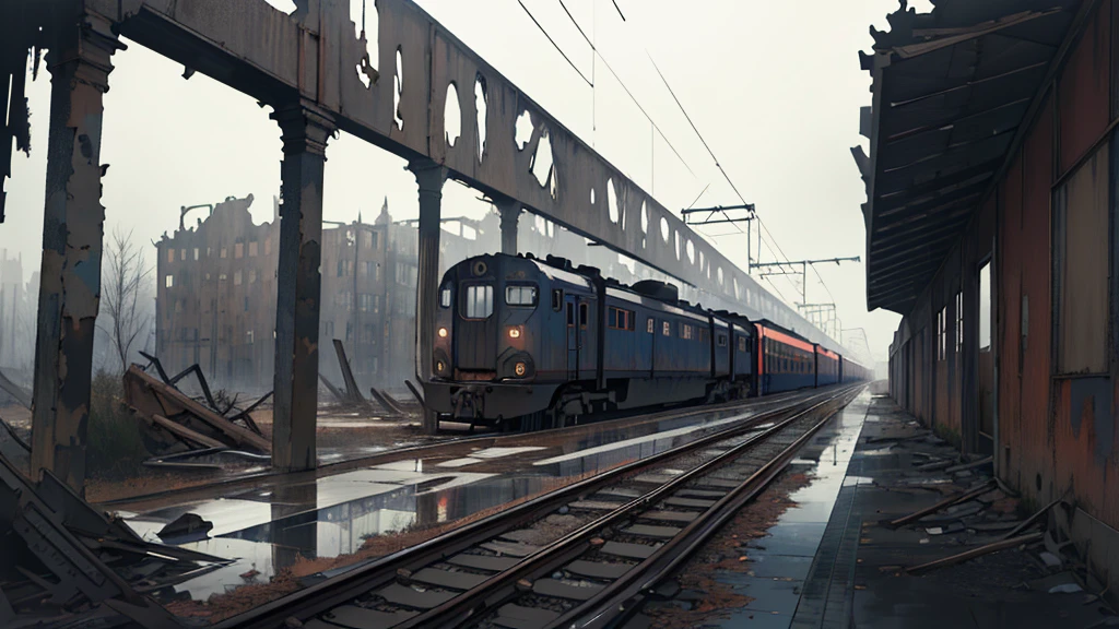 A train，Very shabby，Latter-day feeling，In the distance is the ruined city，Dark，The weather is gloomy