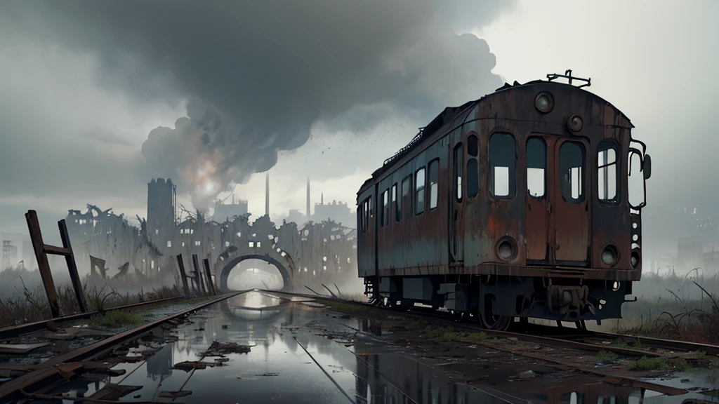 A train,Very shabby,Latter-day feeling,In the distance is the ruined city,Dark,The weather is gloomy