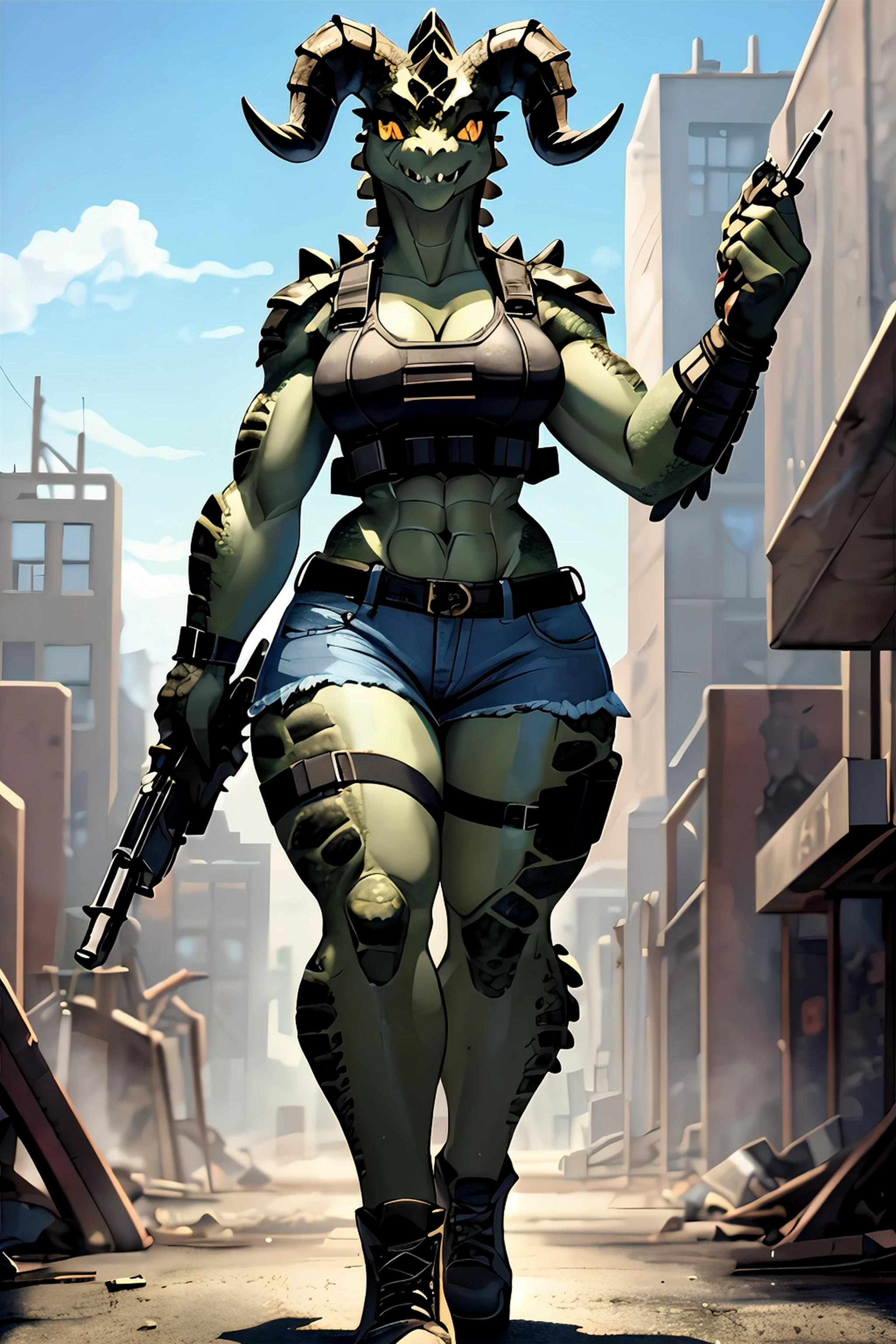 ((4k)), (best body), (sexy women), Solo, score_9,score_8_up,score_7_up, kemono style, Anthro deathclaw from fallout, Anthro reptile girl, snout, green scaled skin, gold eyes, black lips, black horns, black ram horns, athletic body, smiling, walking in a ruined city, holding a rusty gun, wearing bodyarmor, bulletproof vest, blue jean shorts and a blue tank top, sfw, intimidating woman, monstergirl, commission for high res, female dragonborn, well designed female dragon head, anthro lizard, female fursona,  (diamond pupils), (large eyes) 