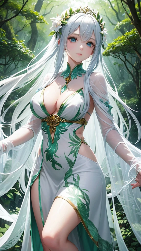 "Create a digital anime style illustration of a beautiful forest goddess。, Flowing white hair. She should wear a detailed all-over white dress decorated with leaf and floral patterns., Perfect for a fantasy theme. Transparent woman.The dress design does not reveal any skin.,  Use additional fabric or natural elements such as leaves and vines to cover. Characters should have an elegant and mature appearance, Look Around 2, With cool eyes and a calm expression, just increase the wide angle a little.. The background is rich, A mysterious forest woven with soft light and shining plants, Enhance the mystical atmosphere."